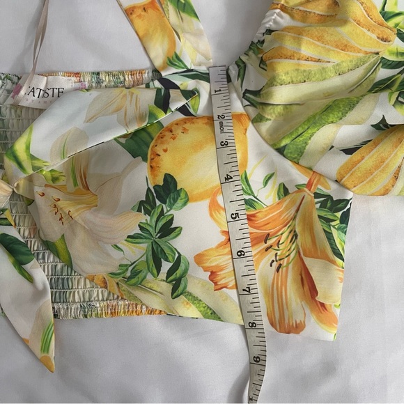 Yellow green cold shoulder smocked top high waisted wide leg pants set - Picture 12 of 12